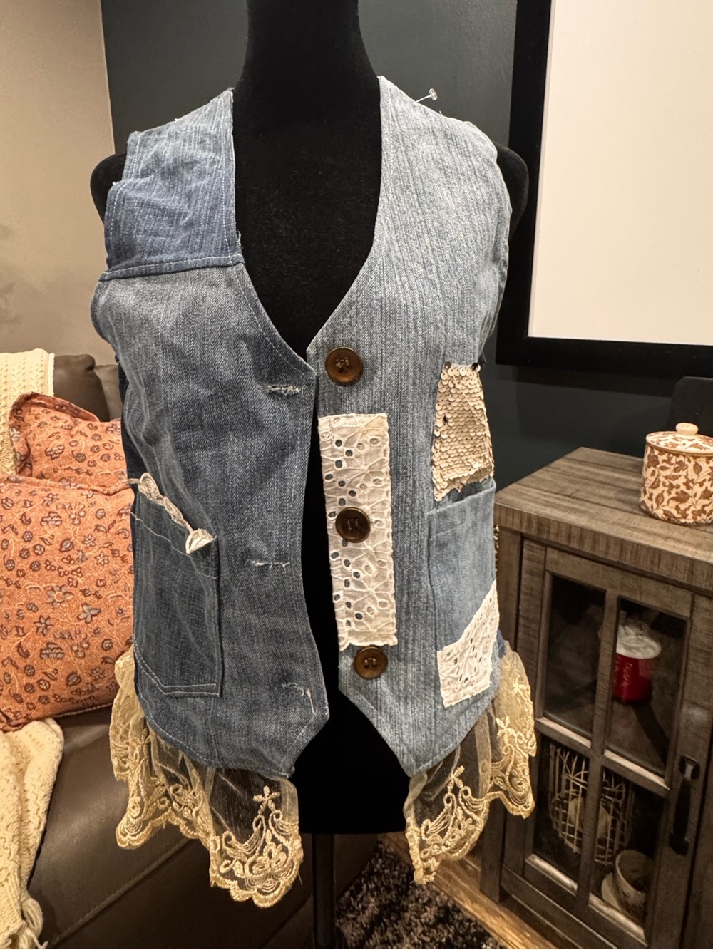 Boho Denim Vest with Lace Trim - Blue